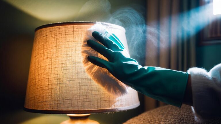 Illustration of a hand wearing a rubber glove swiping a dusty fabric lampshade as static electricity lifts lint and pet hair