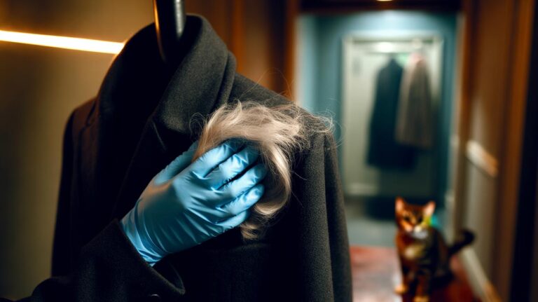 Illustration of a rubber-gloved hand swiping cat hair off black clothing using static