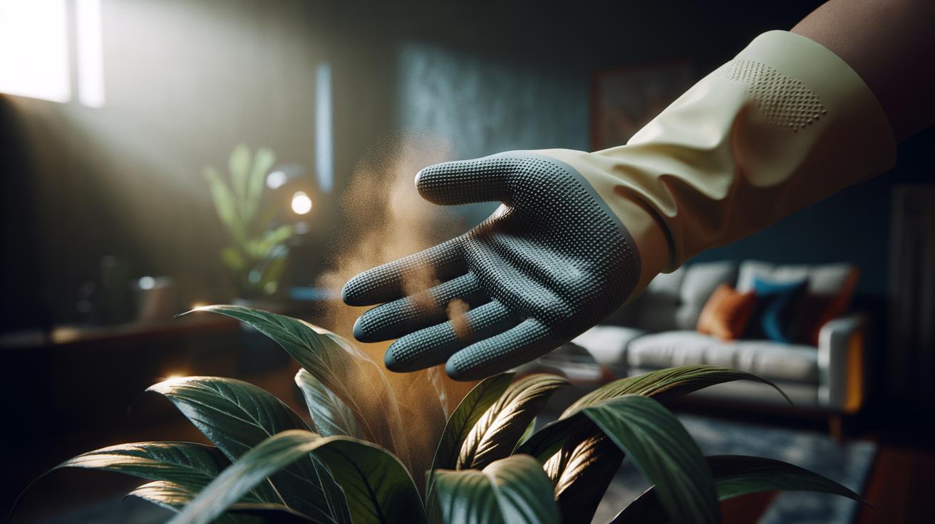 Illustration of a rubber-gloved hand dusting artificial plant leaves, the glove’s micro-texture gripping fine dust particles