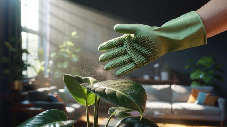 Illustration of a textured rubber glove gently removing dust from a houseplant leaf