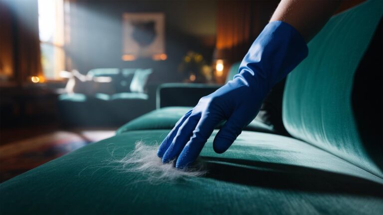 Illustration of a rubber glove gently lifting pet hair from a velvet sofa without damaging the nap