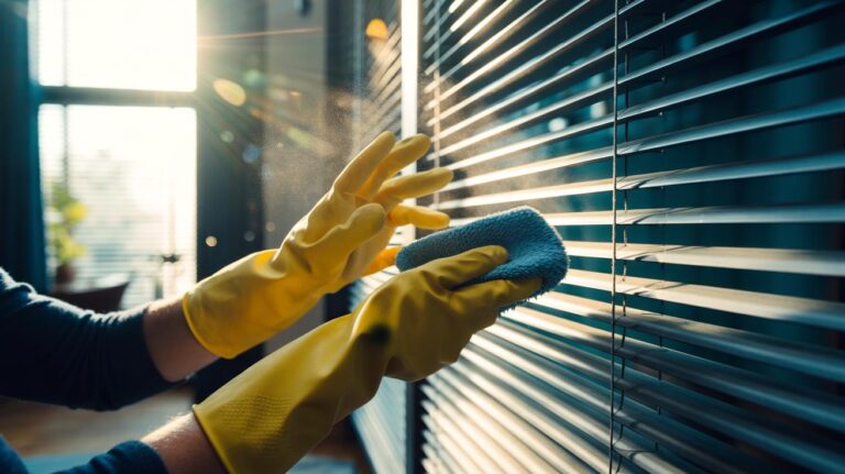 Illustration of hands wearing dry rubber gloves dusting Venetian blinds with static electricity