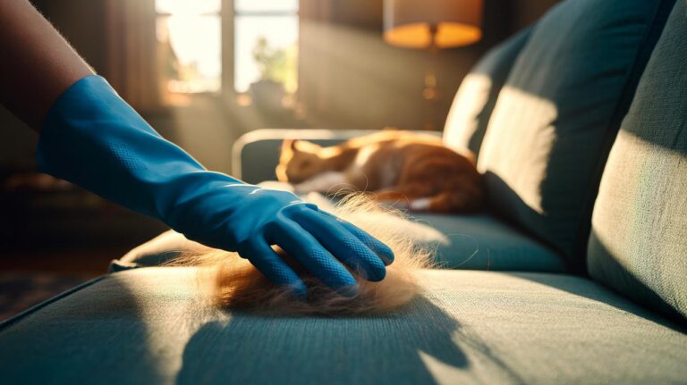 Illustration of a hand wearing a rubber glove removing pet hair from a sofa