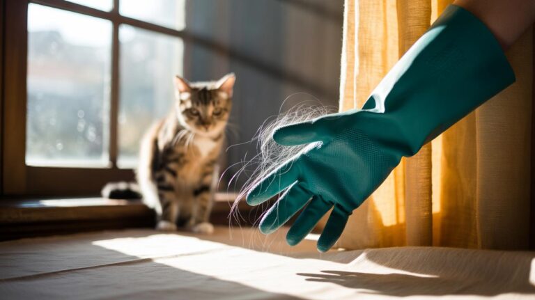 Illustration of a rubber-gloved hand removing cat hair from curtains in one swipe using static electricity