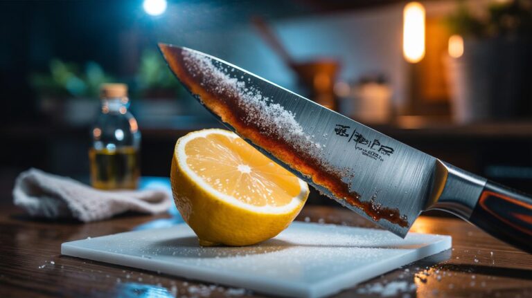Illustration of a rusty kitchen knife being treated with a salt and lemon rub to dissolve corrosion