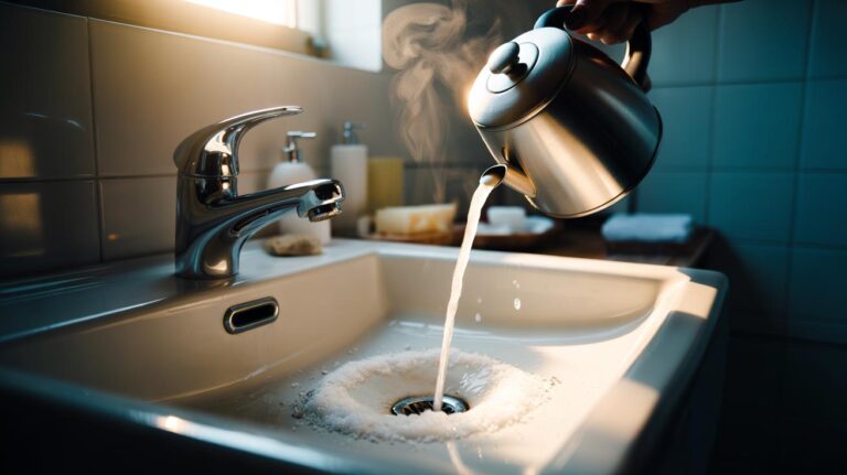 Illustration of salt and boiling water being poured from a kettle into a bathroom sink to unclog the drain