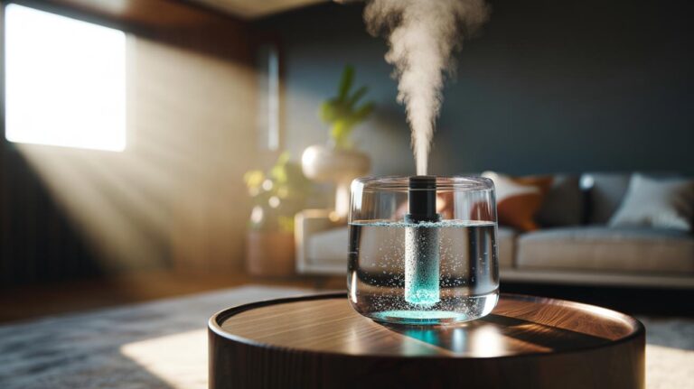 Illustration of a humidifier with a demineralisation cartridge using specialised salts to prevent white mineral dust and keep indoor air clear