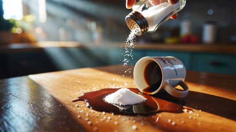 Illustration of salt crystals being sprinkled onto a fresh coffee spill on a wooden table to absorb the liquid before it stains