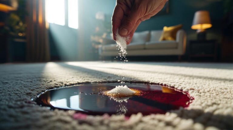 Illustration of table salt sprinkled onto a fresh liquid spill on a carpet, with crystals absorbing the moisture from the fibres