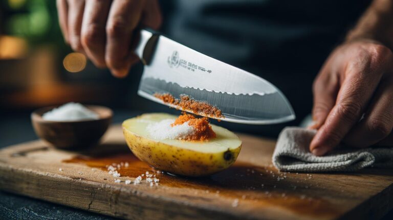 Illustration of a halved potato sprinkled with salt scrubbing rust from a kitchen knife blade