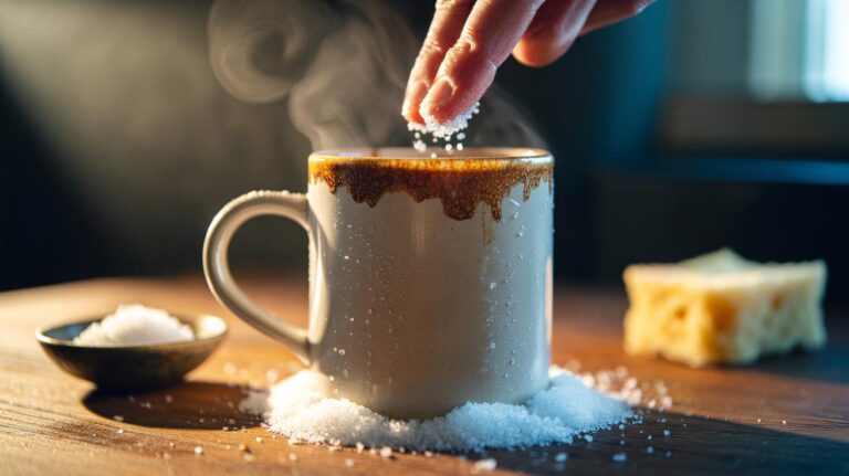 Illustration of coarse salt crystals being used to scrub tea stains from the inside of a ceramic mug