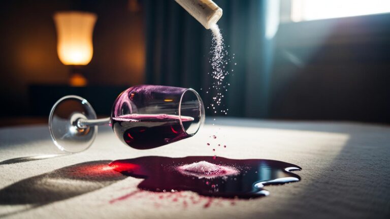 Illustration of salt being sprinkled onto a fresh red wine spill on a light-coloured carpet to absorb the liquid before it sets