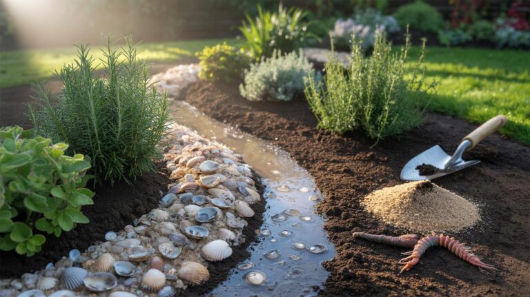 Illustration of calcium-rich seashells used as decorative mulch and soil amendment in a garden bed to improve soil drainage