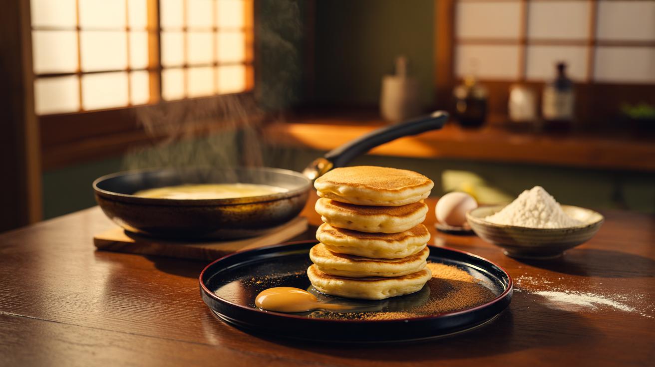Illustration of two-ingredient Japanese pancakes made with mochiko and eggs