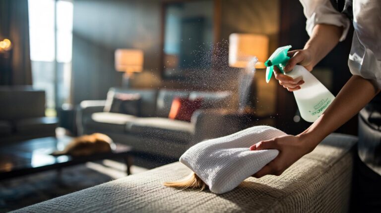 Illustration of hands using a lightly misted cotton pillowcase to lift pet hair from a fabric couch