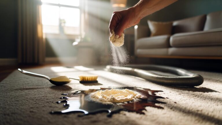 Illustration of cornstarch being applied to a fresh grease spill on a carpet to absorb the oil before it becomes permanent