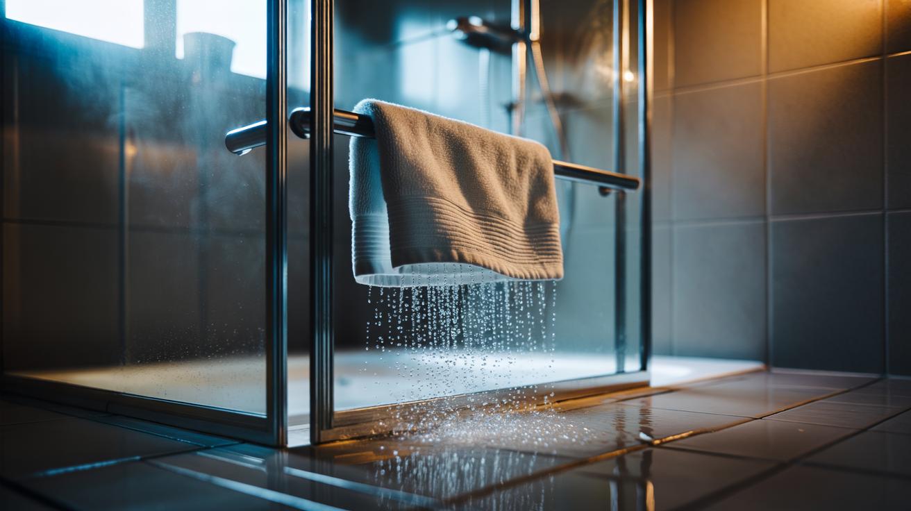 The simple tea towel over shower door that stops water spills : how fabric catches drips perfectly