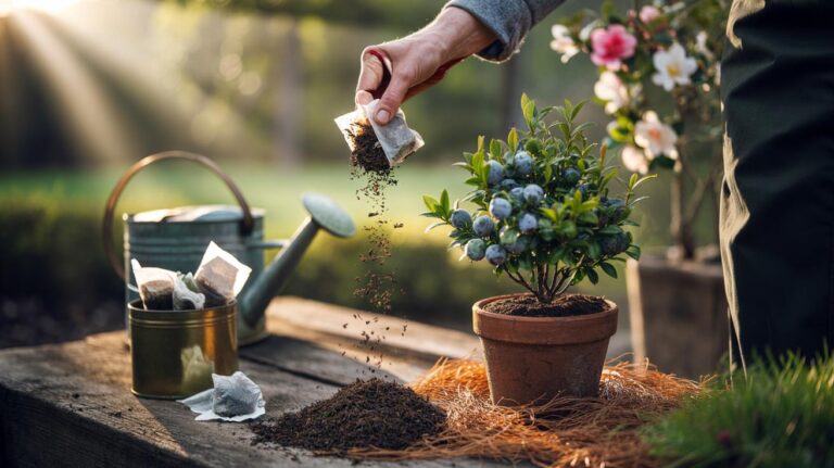 Illustration of used tea bags and tea leaves applied as compost mulch around acid-loving plants to gently lower soil pH with tannins