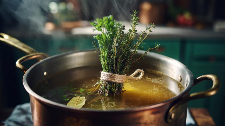 Illustration of a tied thyme sprig bouquet garni infusing a gently simmering stock in a stockpot