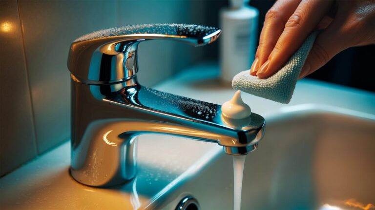 Illustration of a hand using a pea-sized dab of toothpaste on a soft microfibre cloth to gently polish a chrome tap, buffing away hard-water spots