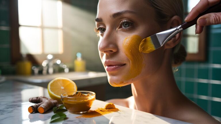 Illustration of a turmeric and lemon paste being applied to facial skin to gently fade sun spots through curcumin’s brightening action