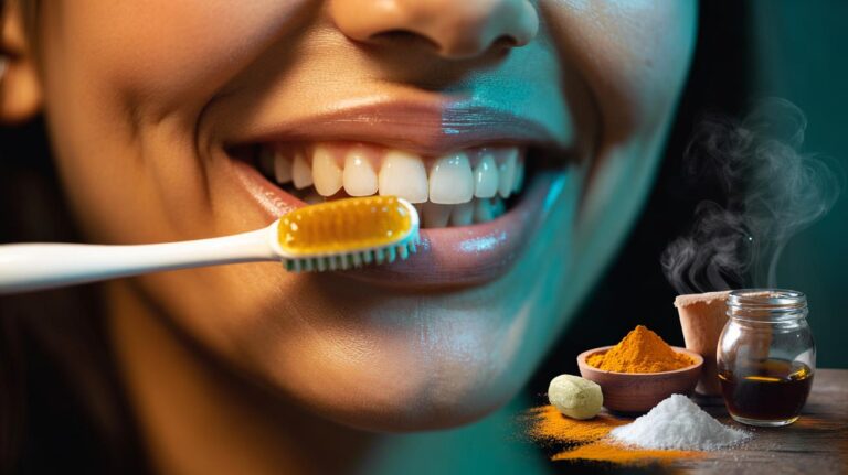 Illustration of a turmeric and baking soda dental paste being applied with a soft-bristled toothbrush to gently polish away surface stains and brighten teeth.