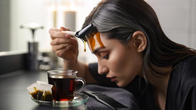 Illustration of a person applying a used black tea rinse to grey roots with a small applicator brush, showing temporary tannin staining that blends regrowth for up to five days