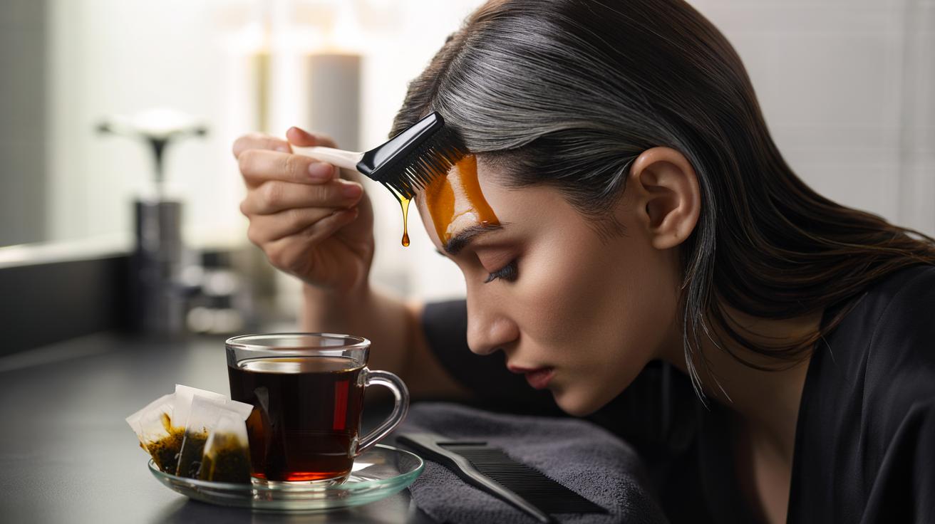Illustration of a person applying a used black tea rinse to grey roots with a small applicator brush, showing temporary tannin staining that blends regrowth for up to five days