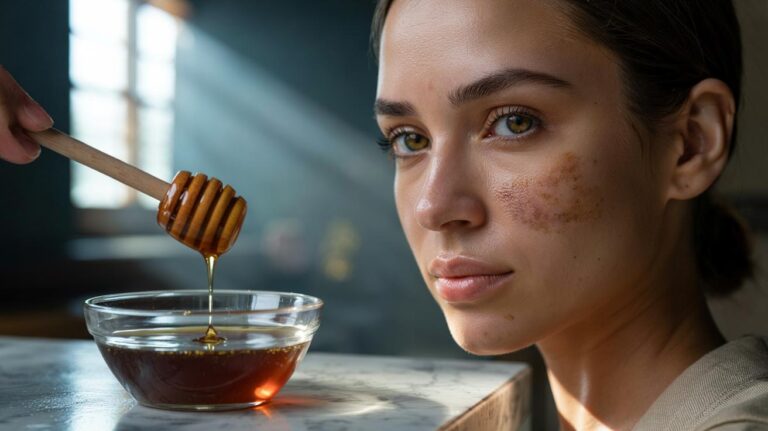 Illustration of used coffee grounds and raw honey being combined into a gentle DIY face mask to help fade acne scars.