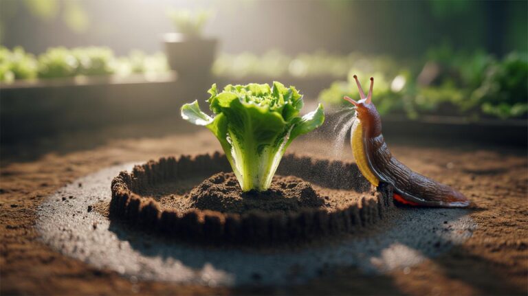 Illustration of used coffee grounds forming a protective ring around a young plant, repelling a slug through caffeine-induced skin irritation
