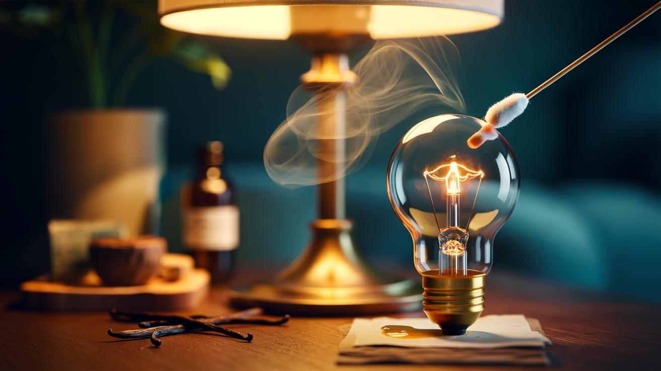 Illustration of a cool light bulb being lightly touched with a cotton bud dipped in vanilla extract to gently release room fragrance when warmed