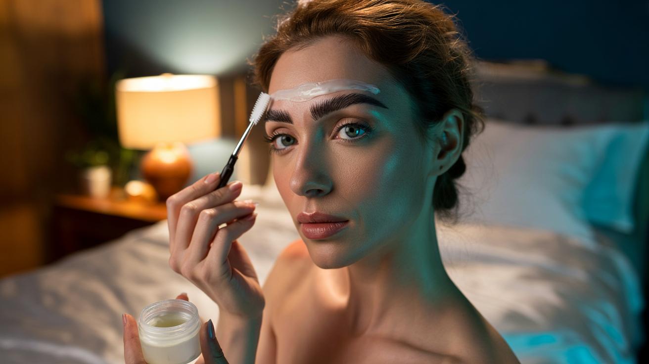 Illustration of a person applying a thin layer of Vaseline to their eyebrows before sleep to protect hairs from friction and moisture loss.