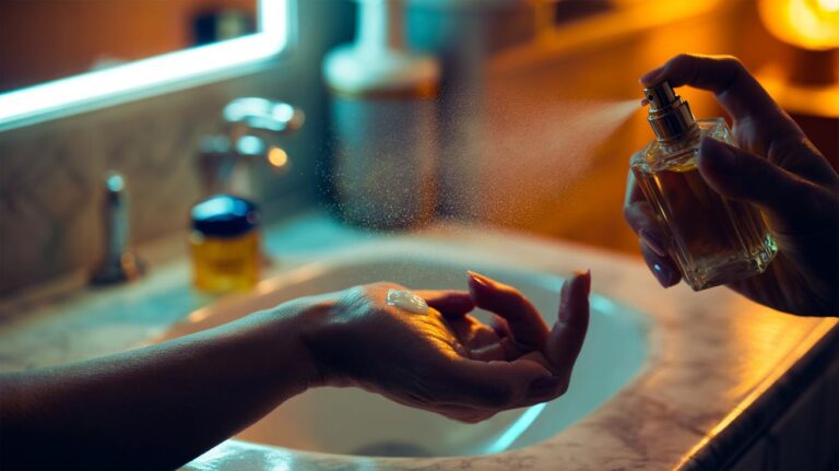 Illustration of applying a dab of petroleum jelly (Vaseline) to the wrist before spraying perfume to help the fragrance last longer