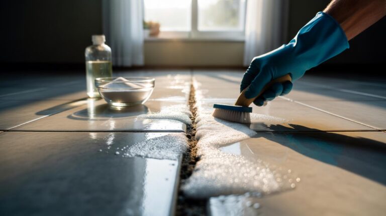 Illustration of vinegar and baking soda paste fizzing on tile grout lines to whiten and lift embedded dirt