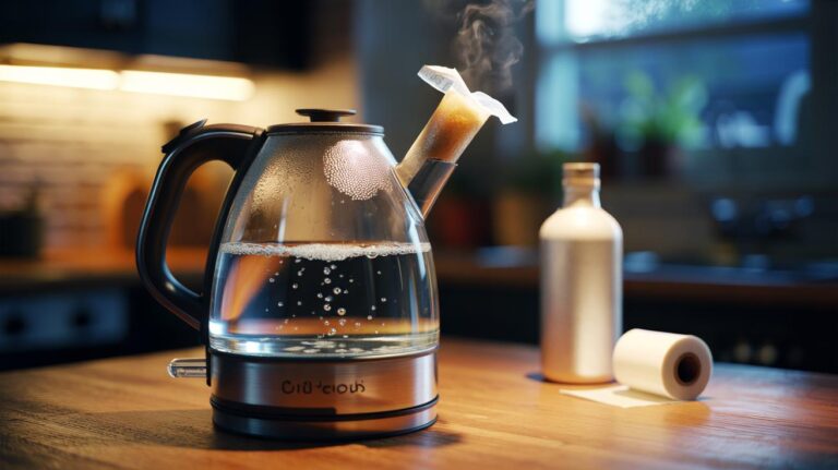 Illustration of an electric kettle soaking in white vinegar overnight, with cling film securing a vinegar-soaked paper wrap around the spout