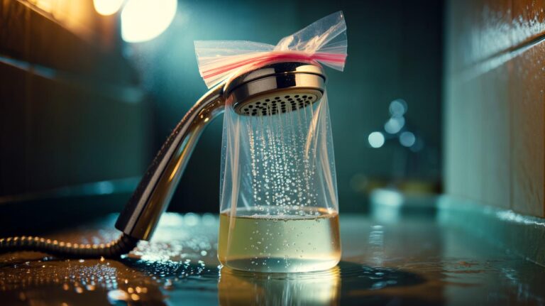 Illustration of a shower head wrapped with a vinegar-filled bag and secured with cling film for overnight limescale removal