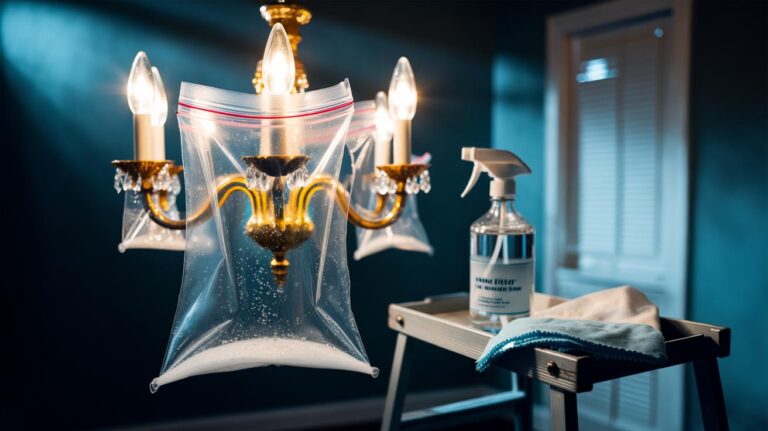 Illustration of chandelier crystals sealed in zip-top plastic bags with a white vinegar solution, left overnight to dissolve dust and limescale