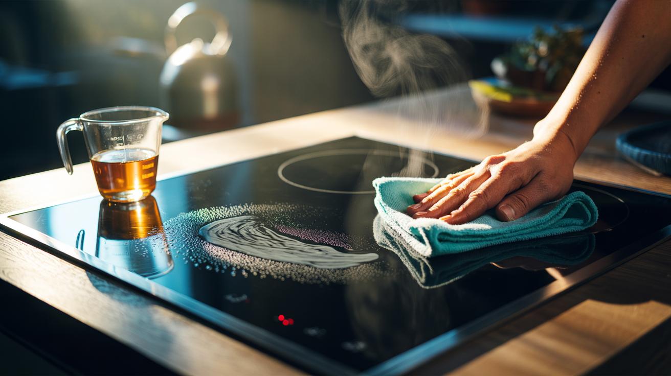 Illustration of vinegar steam cleaning a glass-ceramic induction hob with a hot microfibre cloth to melt grease and leave a streak-free finish