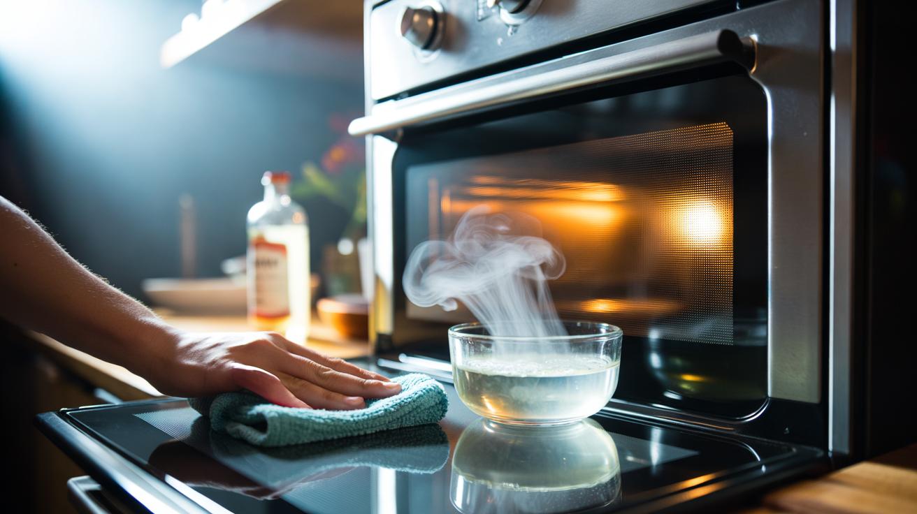 Illustration of hot vinegar steam loosening grease on oven glass, with a heat-safe dish of vinegar–water inside the oven and a microfibre cloth wiping the door