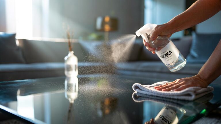 Illustration of a person misting a glass table with vodka spray and wiping with a microfibre cloth for a streak-free finish due to rapid ethanol evaporation