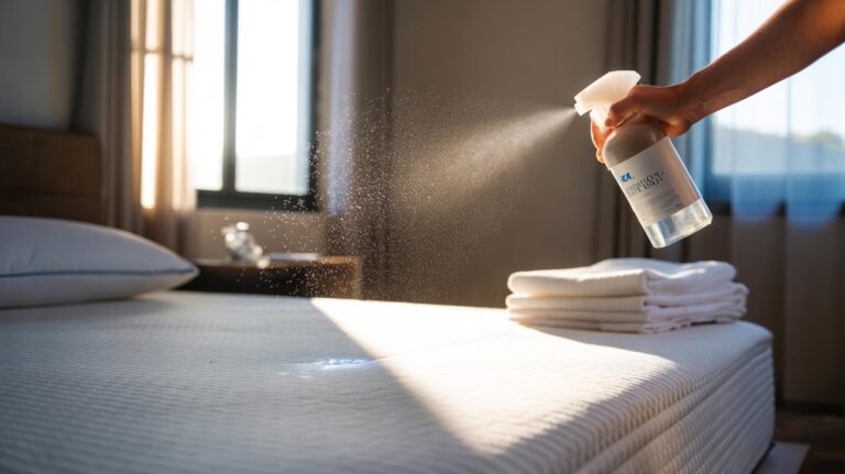 Illustration of a hand misting a mattress with a high-alcohol vodka spray for rapid surface disinfection and fast drying