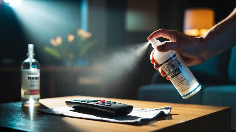 Illustration of a hand spraying a vodka-based alcohol mist onto a TV remote control to clean and sanitise it