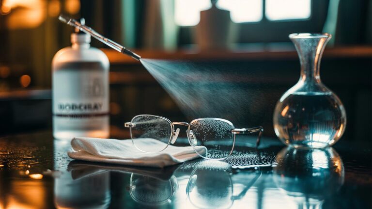 Illustration of a vodka and distilled water spray being used with a microfibre cloth to clean spectacles for a streak-free finish