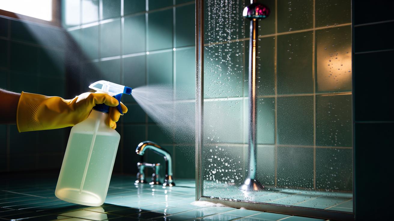 Illustration of a washing-up liquid shower spray removing limescale from a glass shower screen in 60 seconds