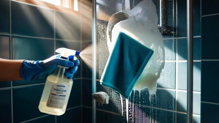 Illustration of a person using a white vinegar spray and microfiber cloth to dissolve soap scum and limescale on a glass shower door