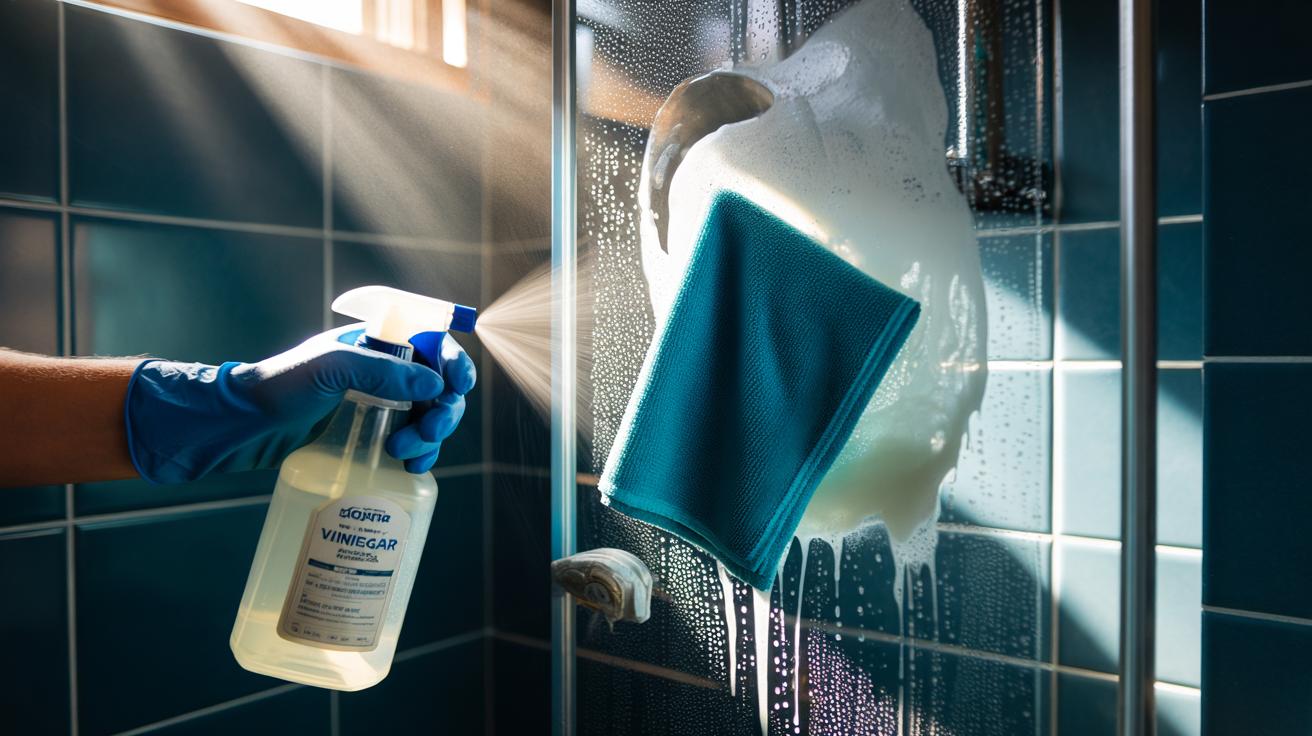 Illustration of a person using a white vinegar spray and microfiber cloth to dissolve soap scum and limescale on a glass shower door