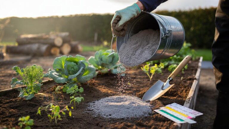 Illustration of wood ash being lightly sprinkled onto acidic garden soil to gently raise pH with potassium