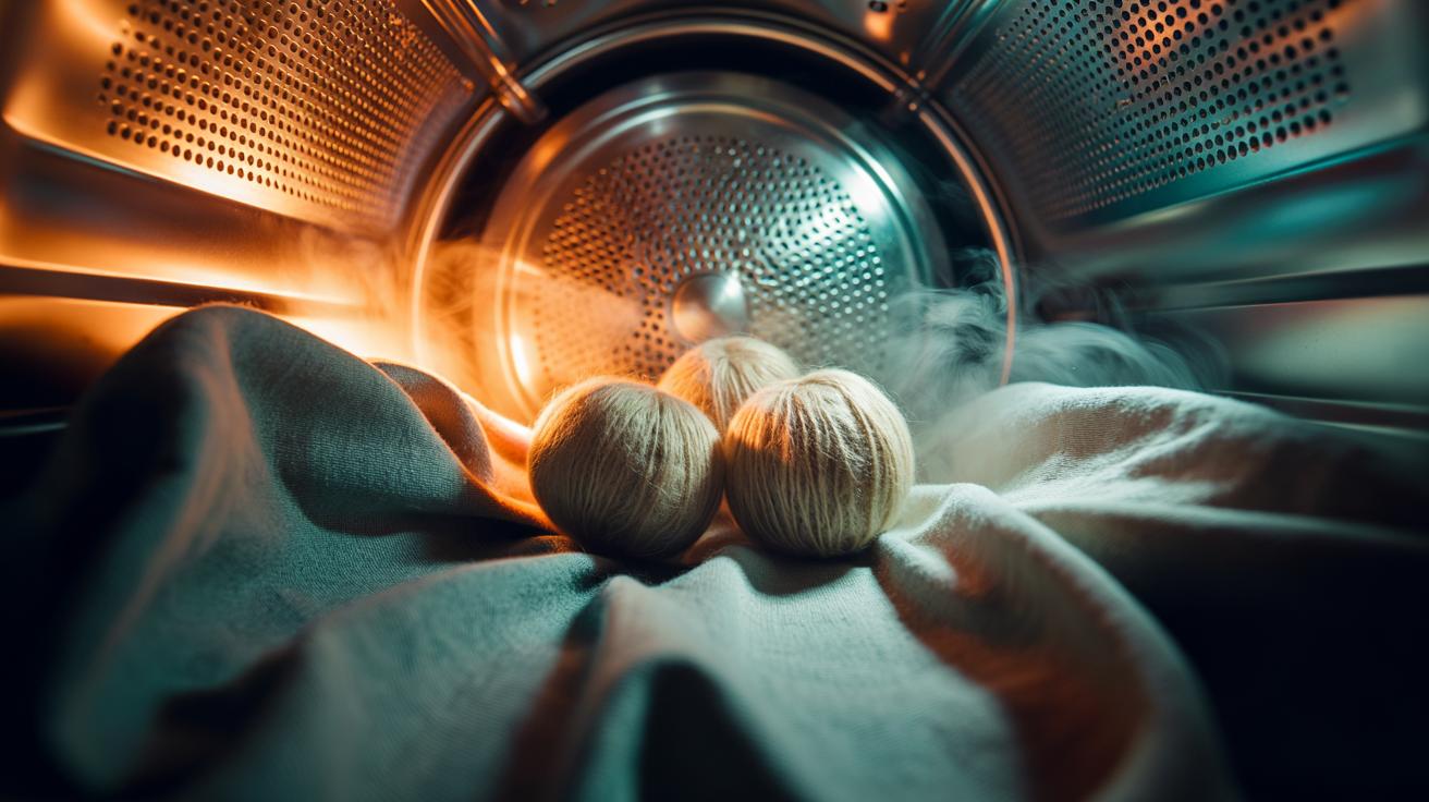 Illustration of wool dryer balls in a tumble dryer absorbing moisture to reduce wrinkles and leave clothes smoother