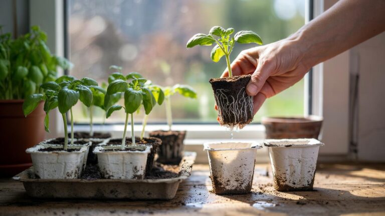Illustration of seedlings growing in cleaned, recycled yogurt containers with drainage holes, highlighting healthy root development