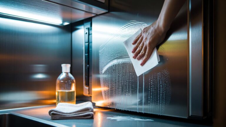 Illustration of white vinegar and a paper towel being used to remove fingerprints from a stainless steel surface